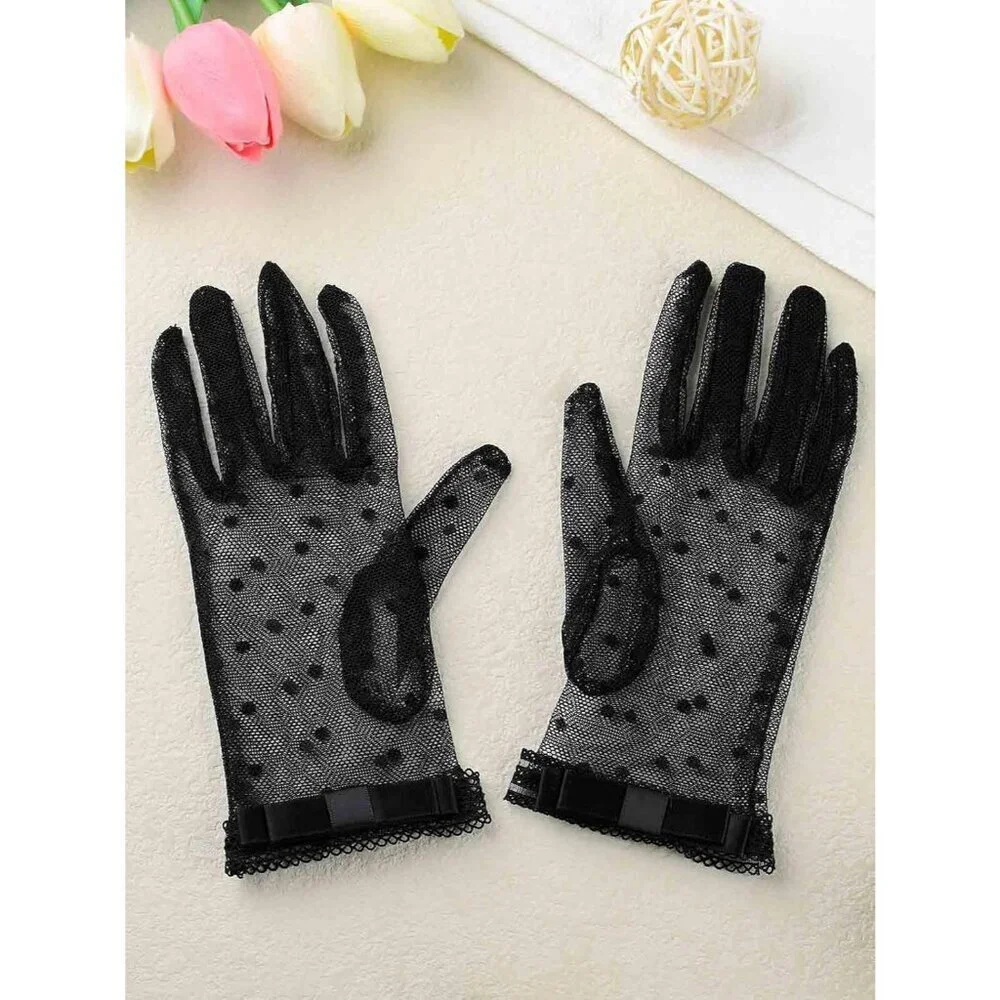Women's #2 Black Short Floral Evening Sheer Gloves Bridal Wedding Party Tea
